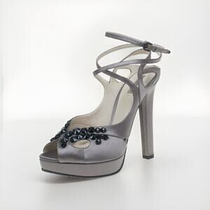 Bottega Veneta Grey Satin Embellished Bead Ankle Strap Platform Heels Sandal